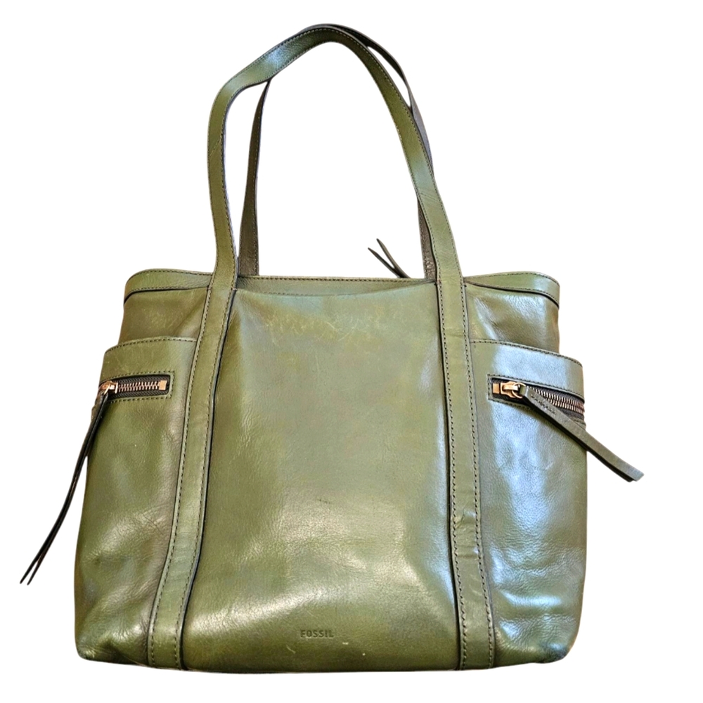 Fossil Green Leather Tote Bag
